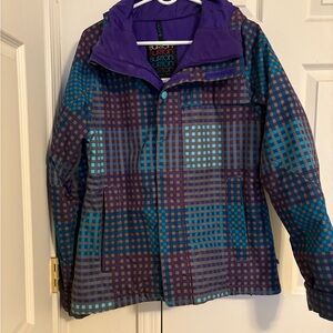 Burton Purple and Blue Ski Jacket with Geometric Pattern and High Collar